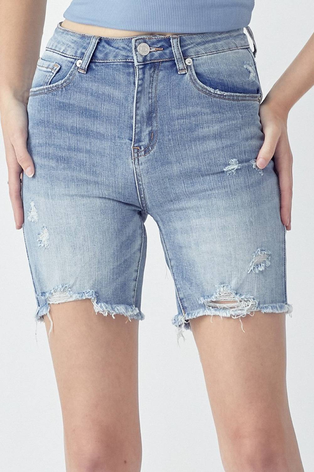 RISEN High Rise Distressed Denim Shorts - Clothes For Her Online Store