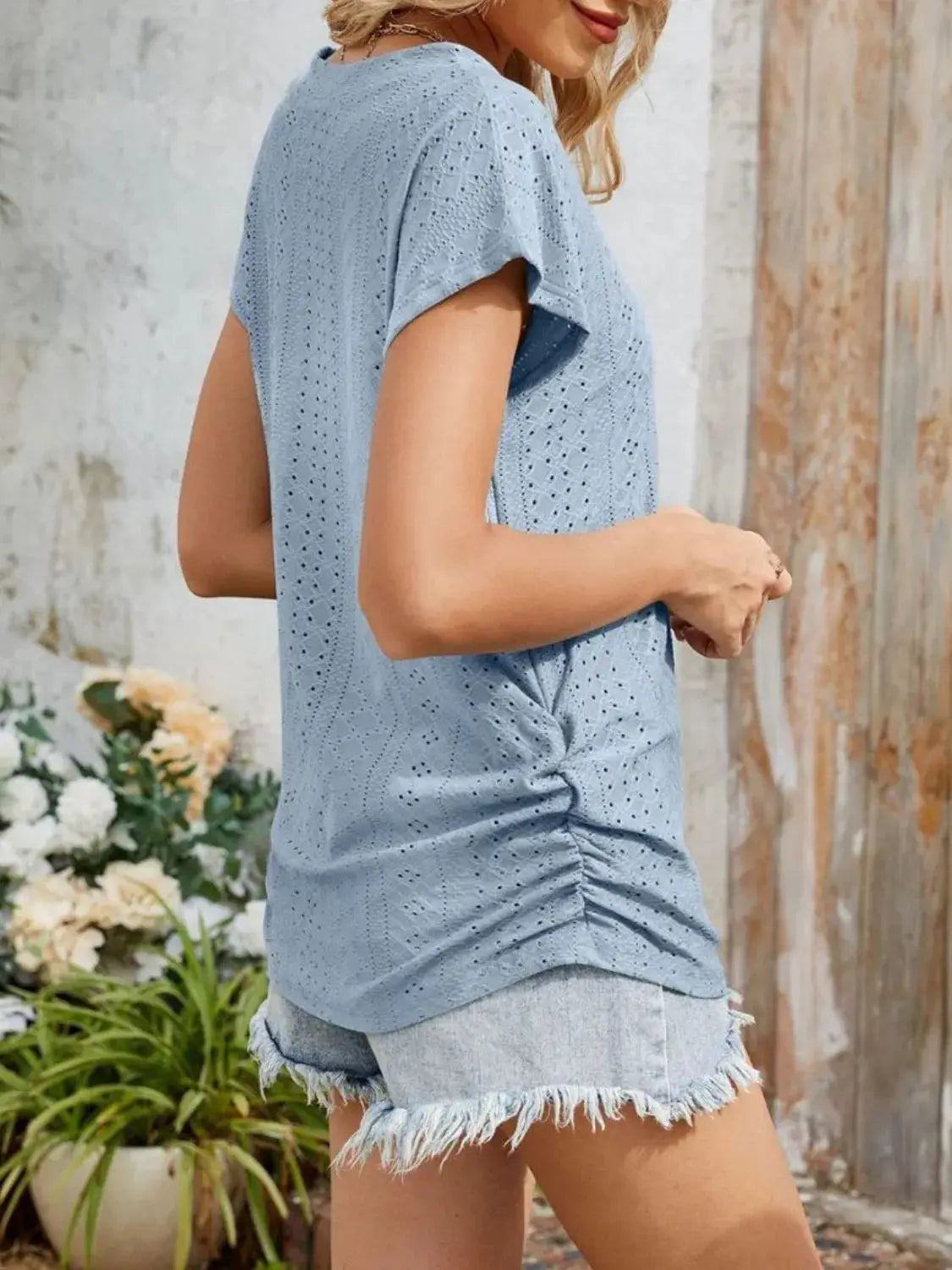 Eyelet V-Neck Short Sleeve Top - Clothes For Her Online Store