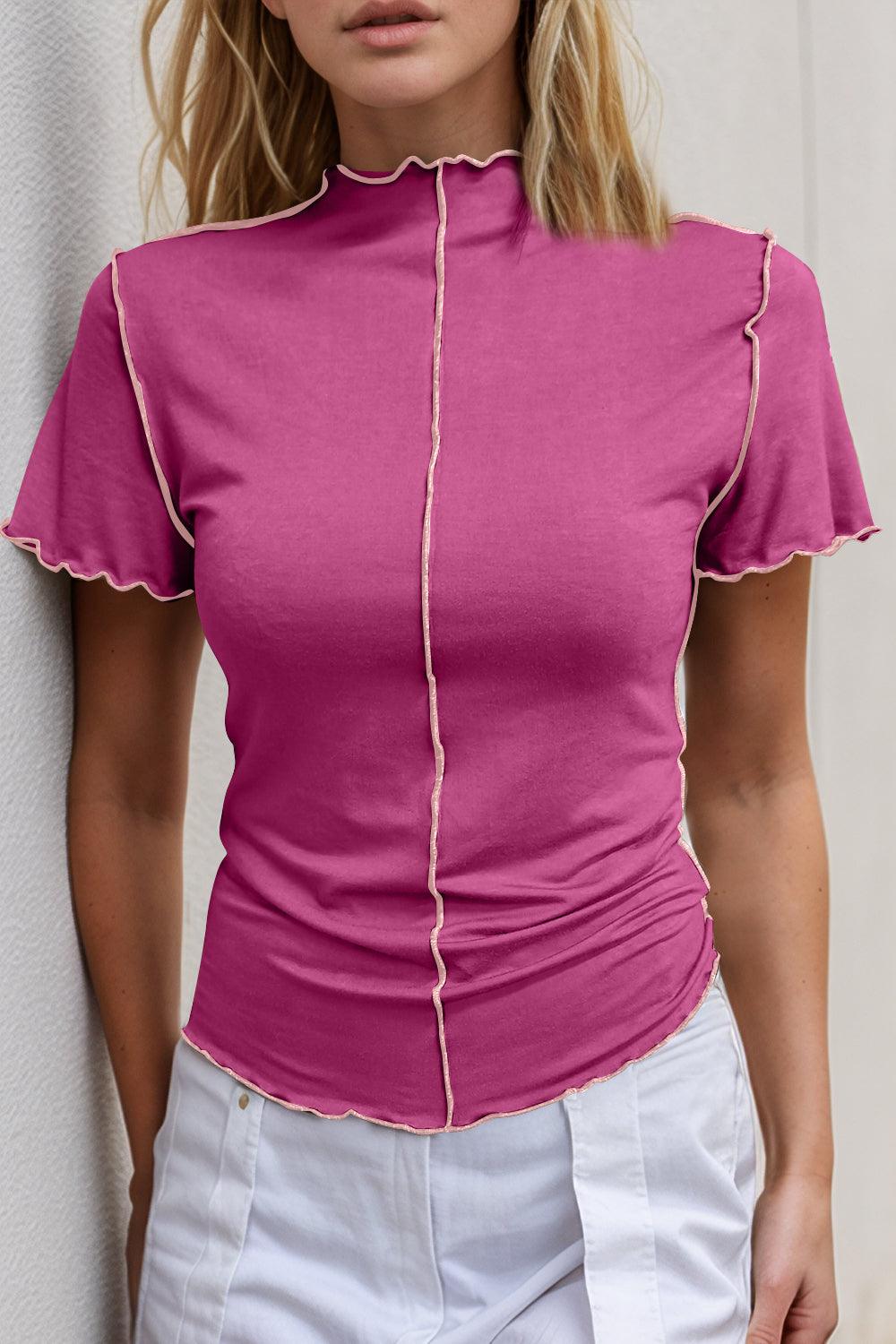 Basic Bae Contrast Trim Mock Neck Short Sleeve T-Shirt - Clothes For Her Online Store