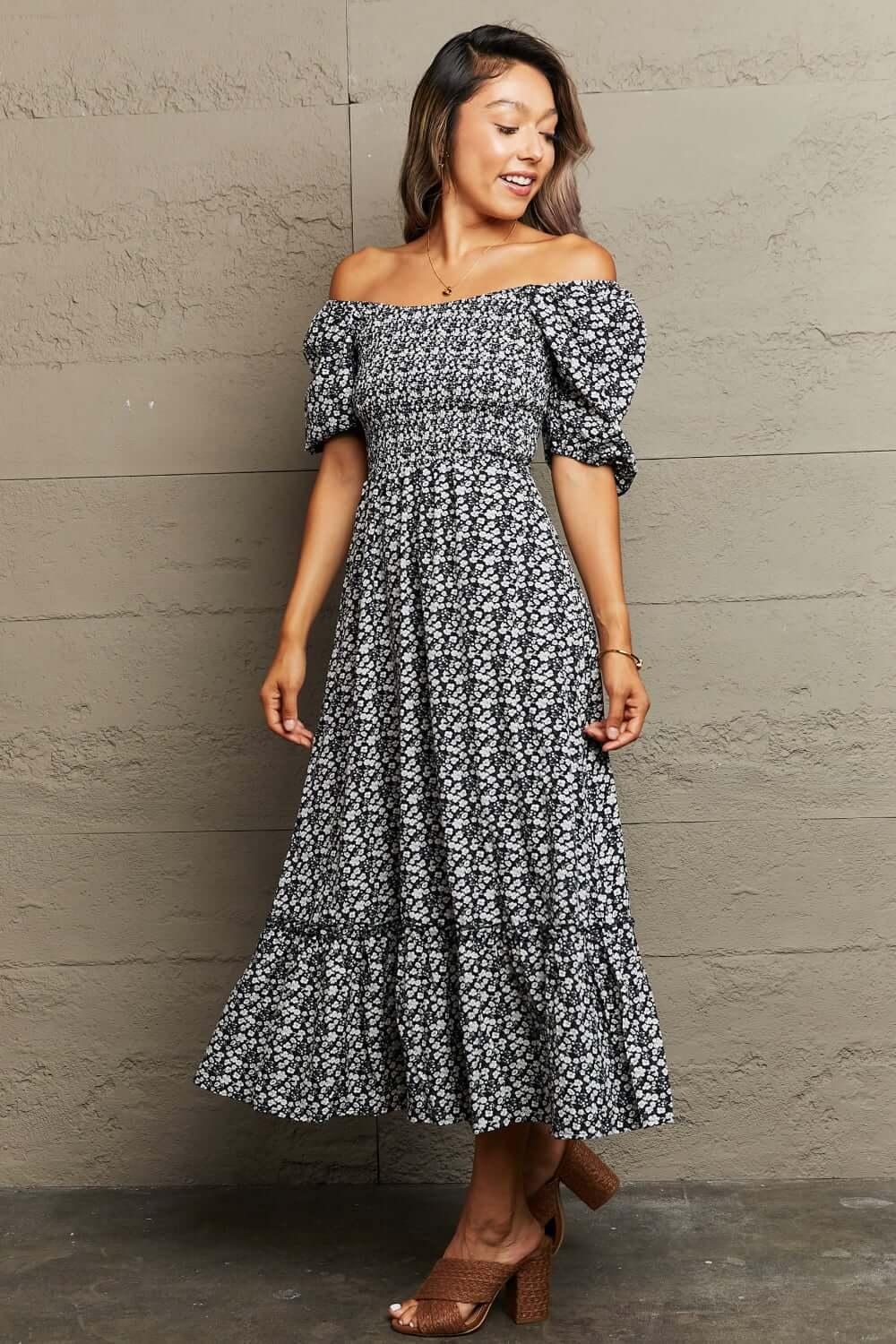Perfee Floral Lace-Up Off-Shoulder Midi Dress - Clothes For Her Online Store