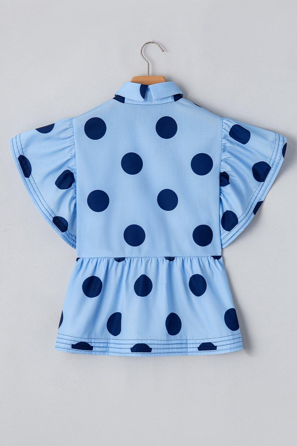 Polka Dot Print Ruffled Short Sleeve Buttoned Collared Blouse - Clothes For Her Online Store