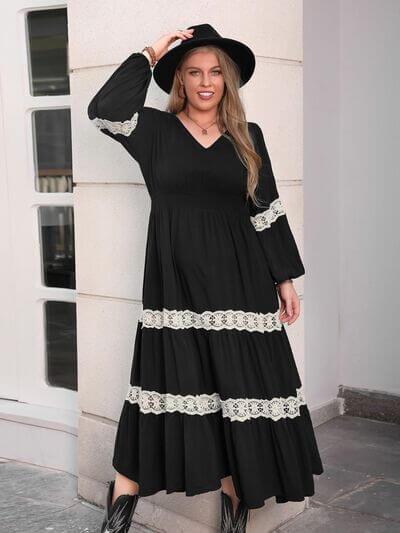 Plus Size Lace Detail V-Neck Long Sleeve Midi Dress - Clothes For Her Online Store