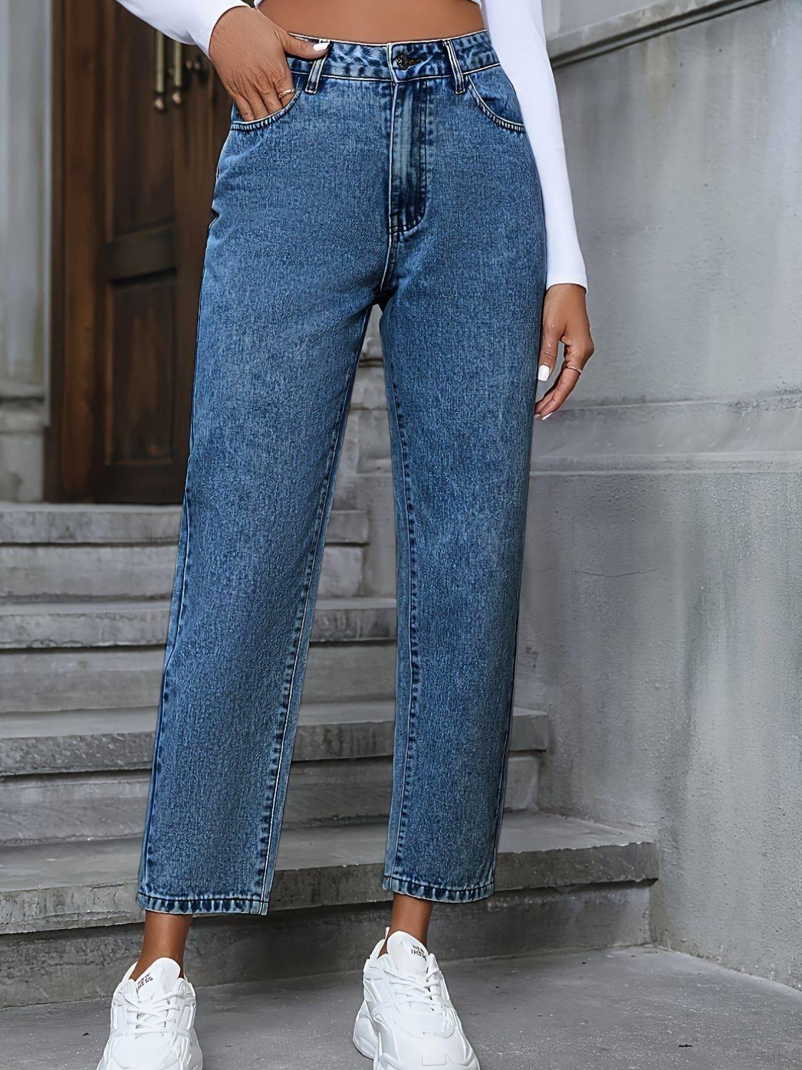 Pocketed Straight Leg Jeans - Clothes For Her Online Store