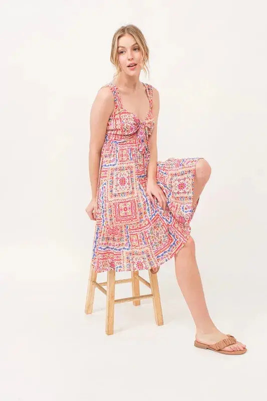 And The Why Tied Front Smocked Back Tiered Boho Printed Dress - Clothes For Her Online Store