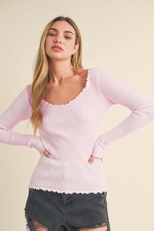 Aemi + Co Lettuce Hem Scoop Neck Long Sleeve Knit Top - Clothes For Her Online Store
