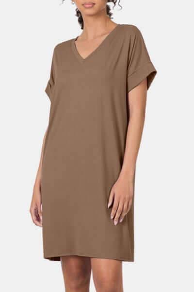 Zenana Rolled Short Sleeve V-Neck Dress - Clothes For Her Online Store