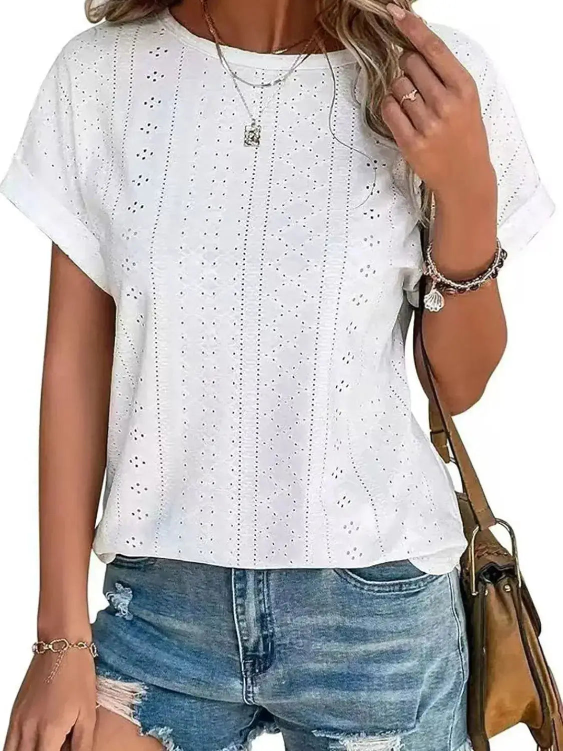 Eyelet Round Neck Short Sleeve T-Shirt - Clothes For Her Online Store