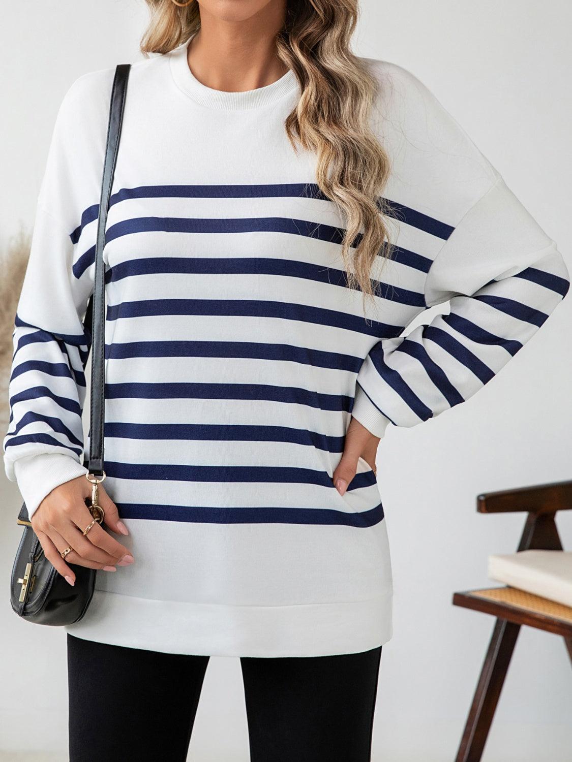 Striped Round Neck Long Sleeve T-Shirt - Clothes For Her Online Store