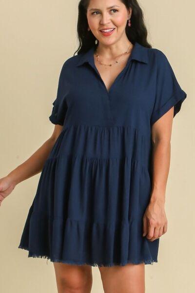 Umgee Full Size Raw Hem Folded Sleeve Tiered Dress Plus Size - Clothes For Her Online Store