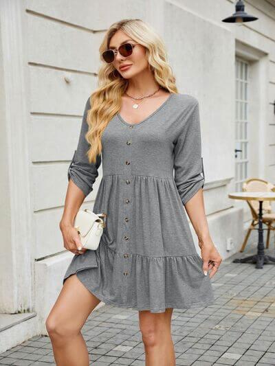 Tiered Ruched V-Neck Mini Dress - Clothes For Her Online Store