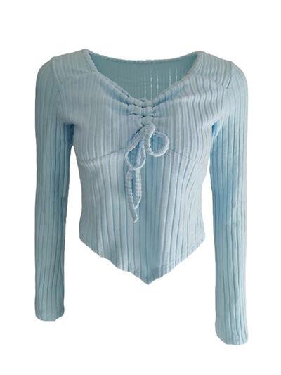Drawstring Ruched Long Sleeve Ribbed Top - Clothes For Her Online Store