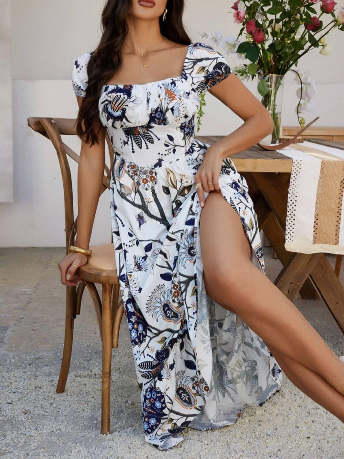 Devine Smocked Printed Short Sleeve Maxi Dress - Clothes For Her Online Store