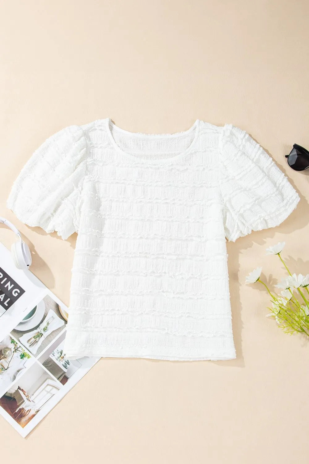 Frilled Lace Trim Bubble Sleeve Blouse
