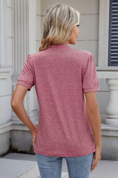 Notched Short Sleeve Solid Color Top - Clothes For Her Online Store