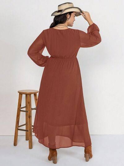 Plus Size Embroidered Tie Neck Long Sleeve Dress - Clothes For Her Online Store