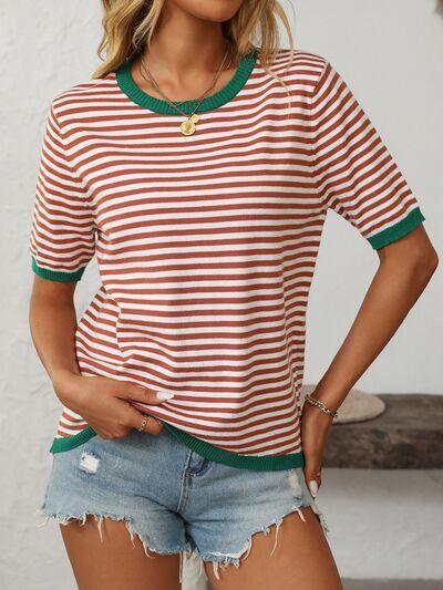 Mandy Striped Round Neck Half Sleeve Knit Top - Clothes For Her Online Store