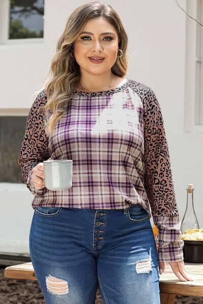 Plus Size Leopard Raglan Sleeve Plaid T-Shirt - Clothes For Her Online Store
