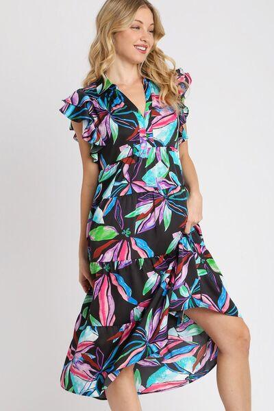 Umgee Full Size Leaf Print Double Layered Ruffle Sleeve Tiered Midi Dress Plus Size - Clothes For Her Online Store
