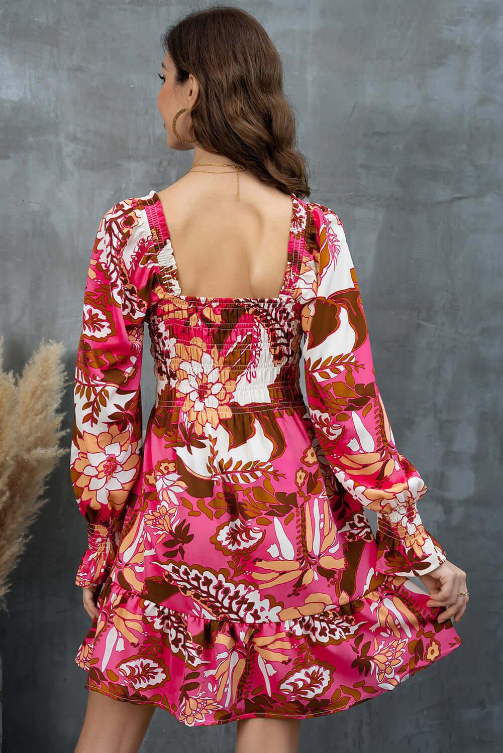 Floral Square Neck Flounce Sleeve Dress - Clothes For Her Online Store