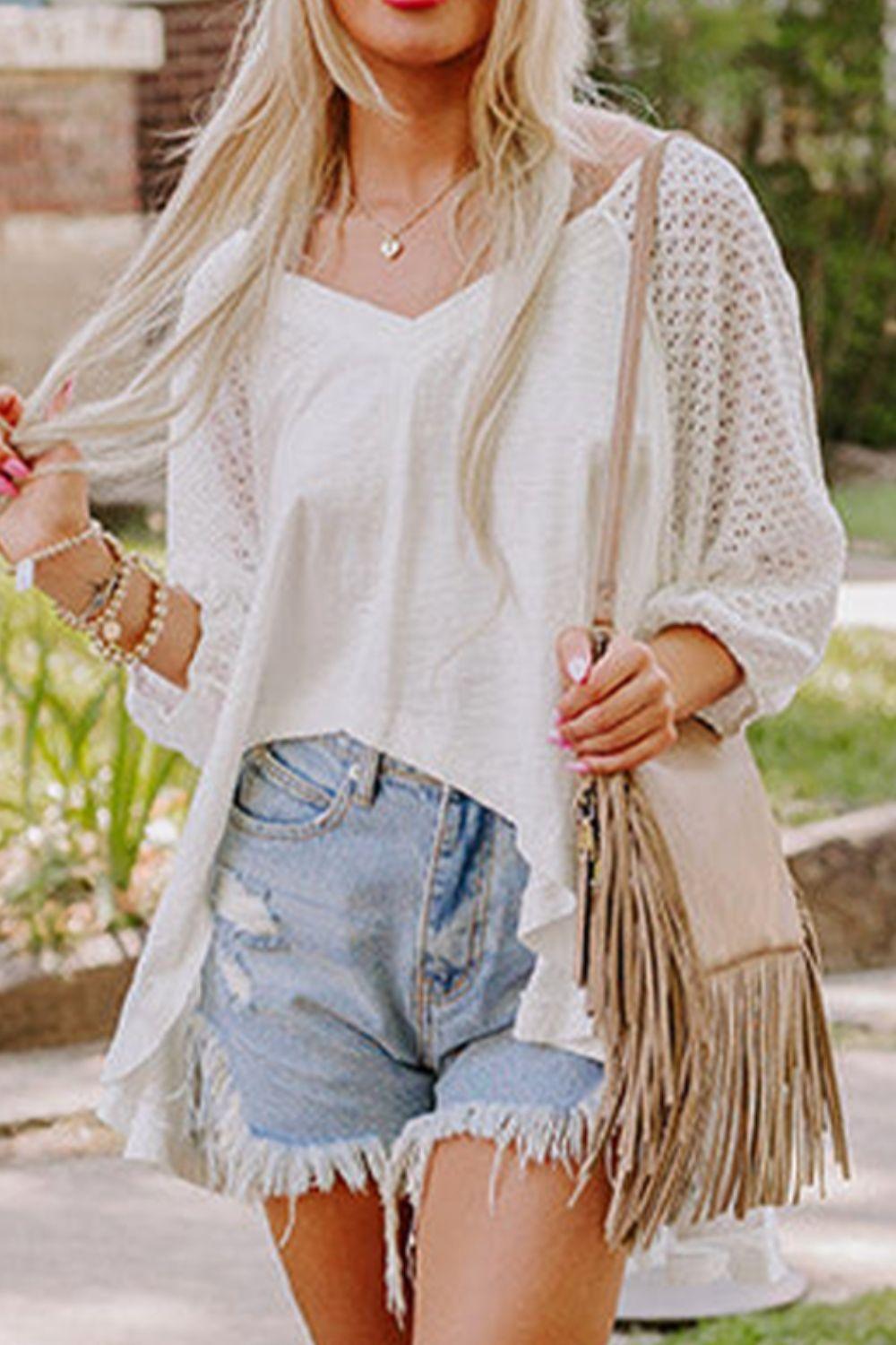 Openwork High Low Hem V Neck Oversized Top - Clothes For Her Online Store