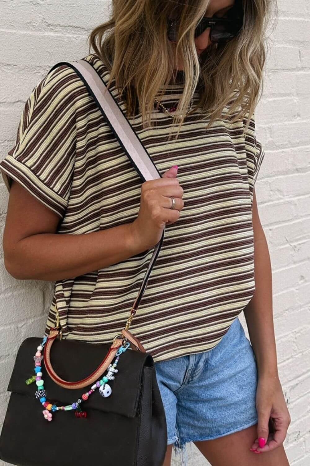 Stripe Textured Side Slit Crew Neck T-Shirt - Clothes For Her Online Store