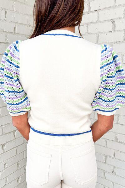 Crochet Striped Puff Sleeve Sweater - Clothes For Her Online Store
