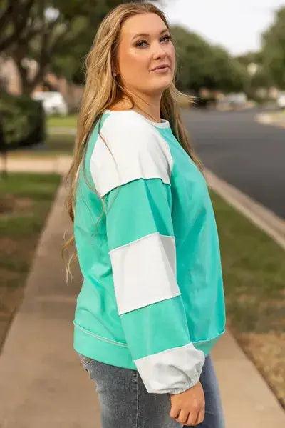 Plus Size Exposed Seam Color Block Long Sleeve Sweatshirt - Clothes For Her Online Store