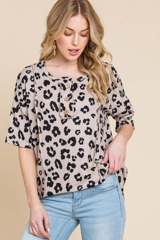 BOMBOM Button Detail Exposed Seam Leopard Half Sleeve Top - Clothes For Her Online Store