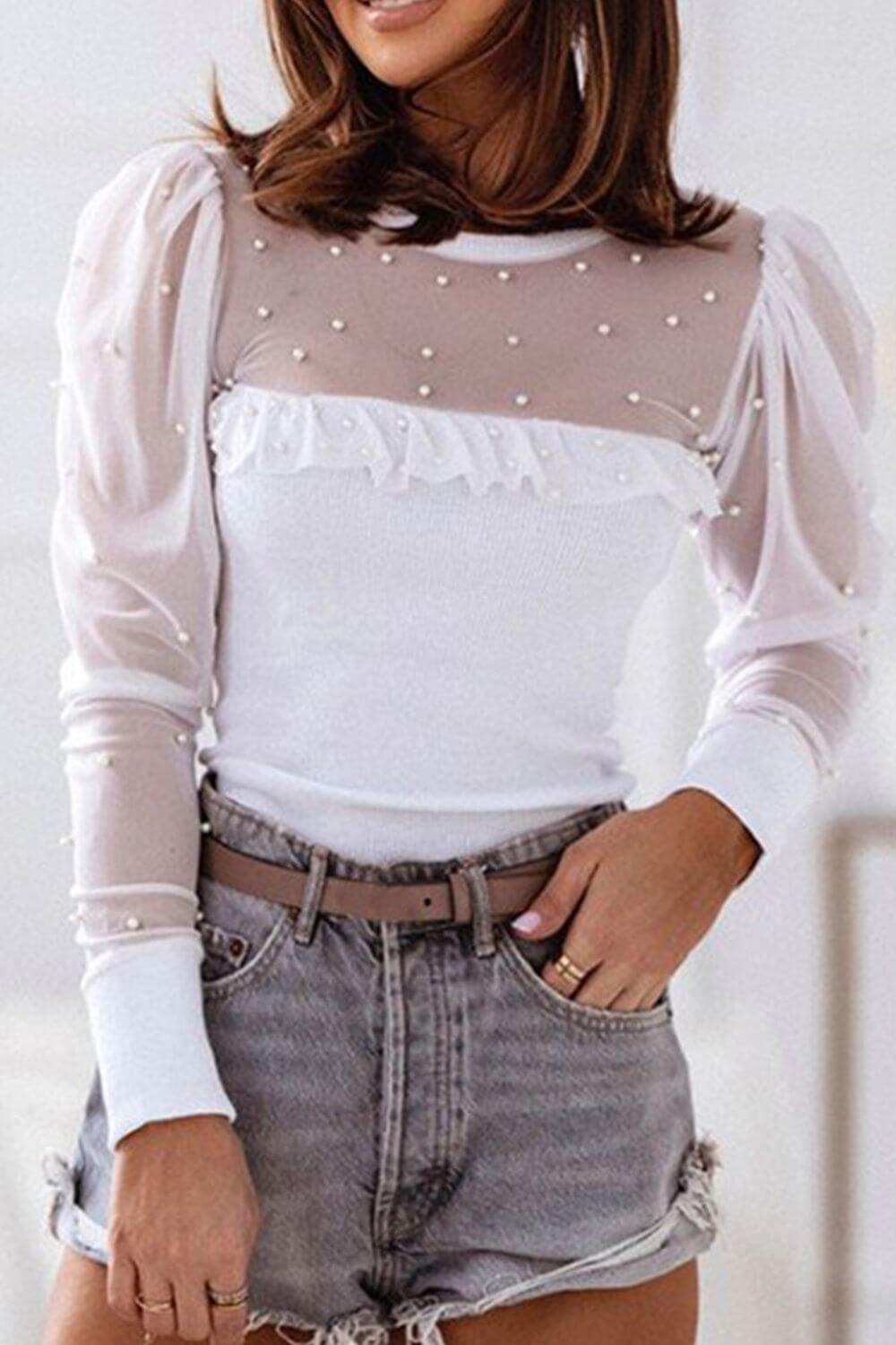 Pearl Decor Mesh Patchwork Ribbed Long Sleeve Top - Clothes For Her Online Store