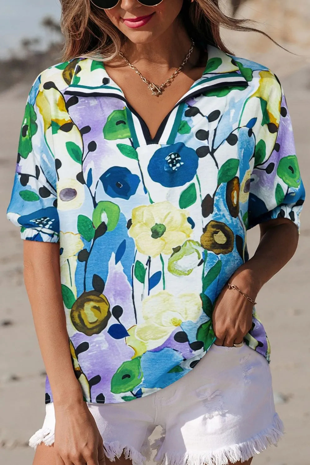 Floral Print Short Sleeve Blouse