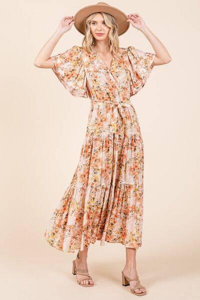 Mittoshop Floral Tie Waist Flutter Sleeve Tiered Dress - Clothes For Her Online Store