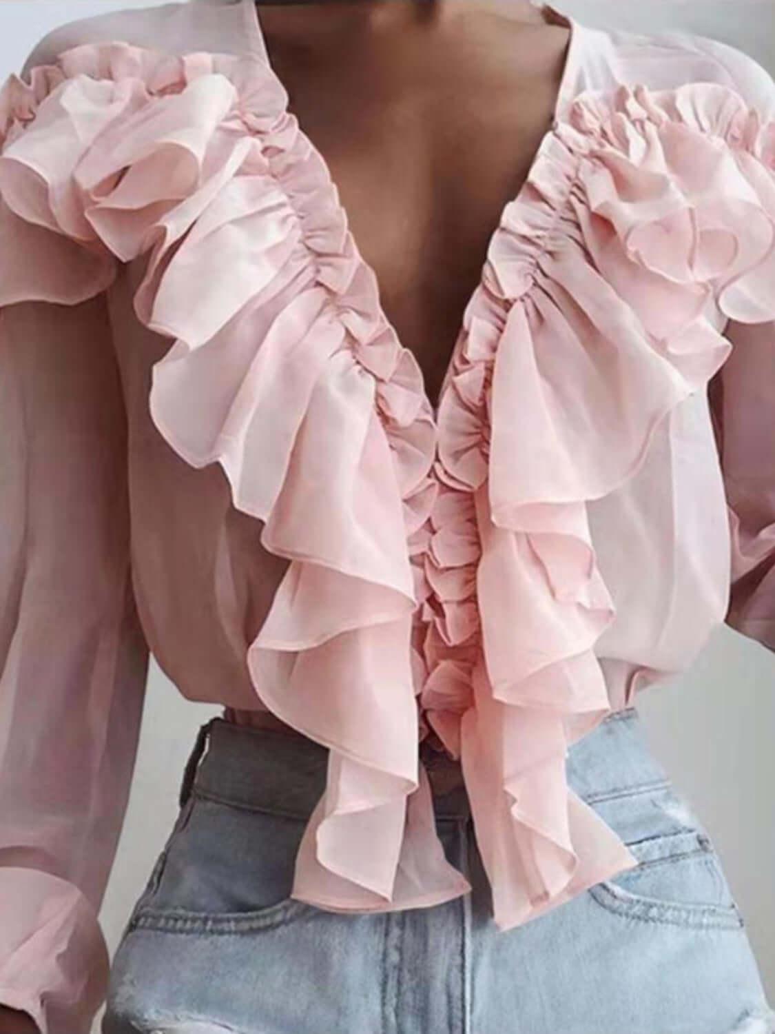 Ruffled V-Neck Long Sleeve Blouse - Clothes For Her Online Store