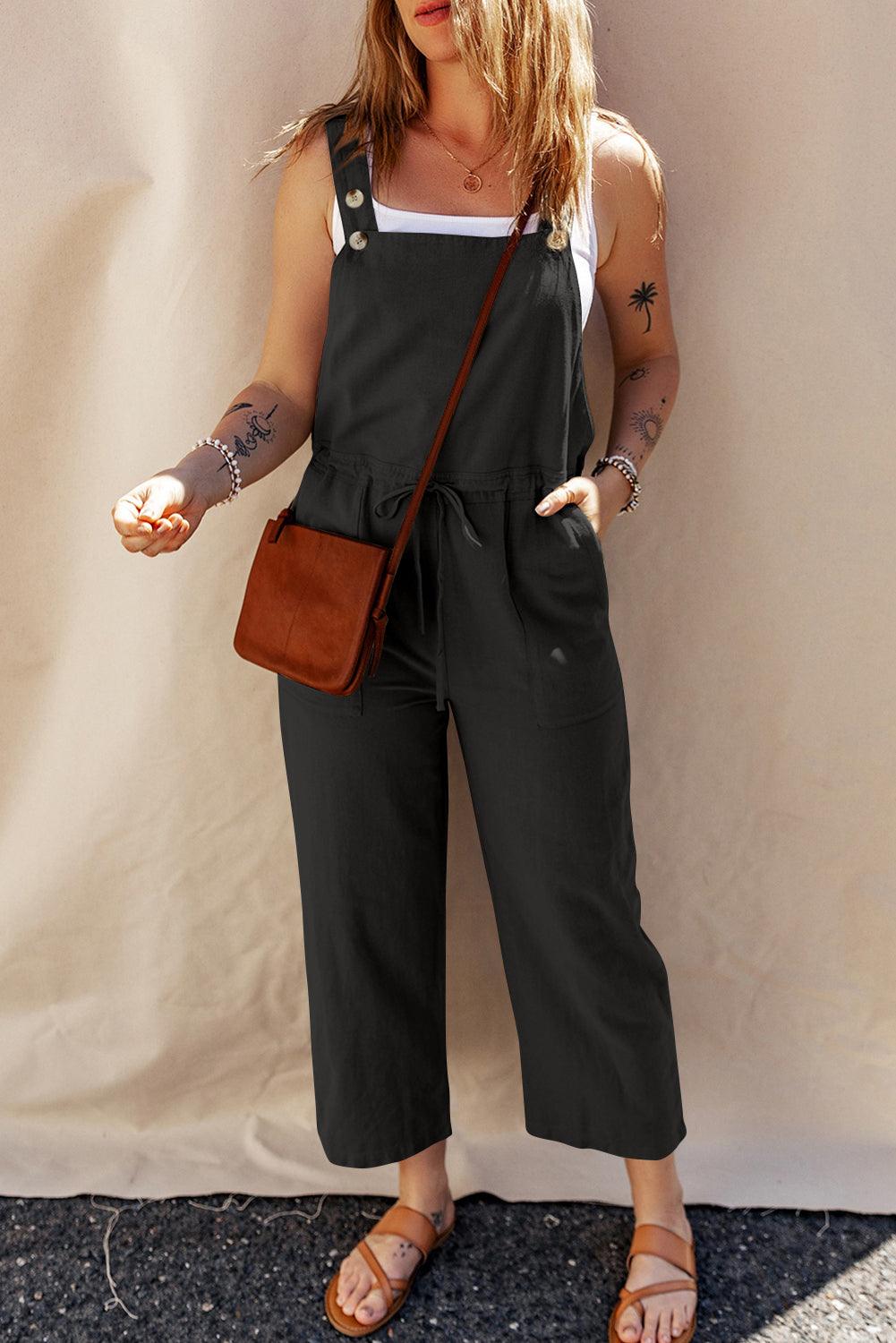 Drawstring Wide Strap Overalls with Pockets - Clothes For Her Online Store