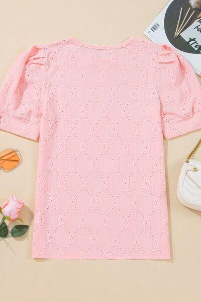 Flower Geometric Textured Short Sleeve Top - Clothes For Her Online Store