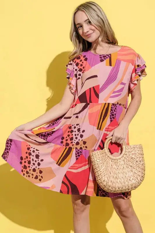 And The Why Printed Double Ruffles Sleeve Dress - Clothes For Her Online Store