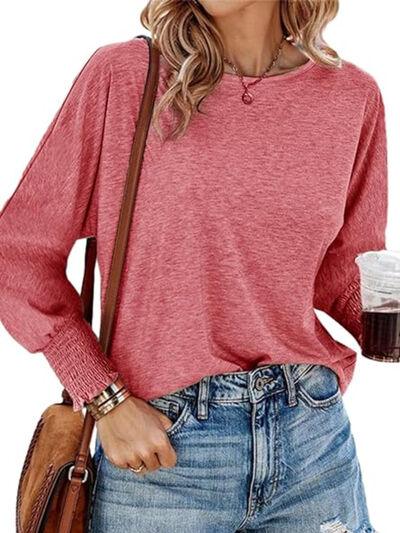 Round Neck Smocked Lantern Sleeve T-Shirt - Clothes For Her Online Store