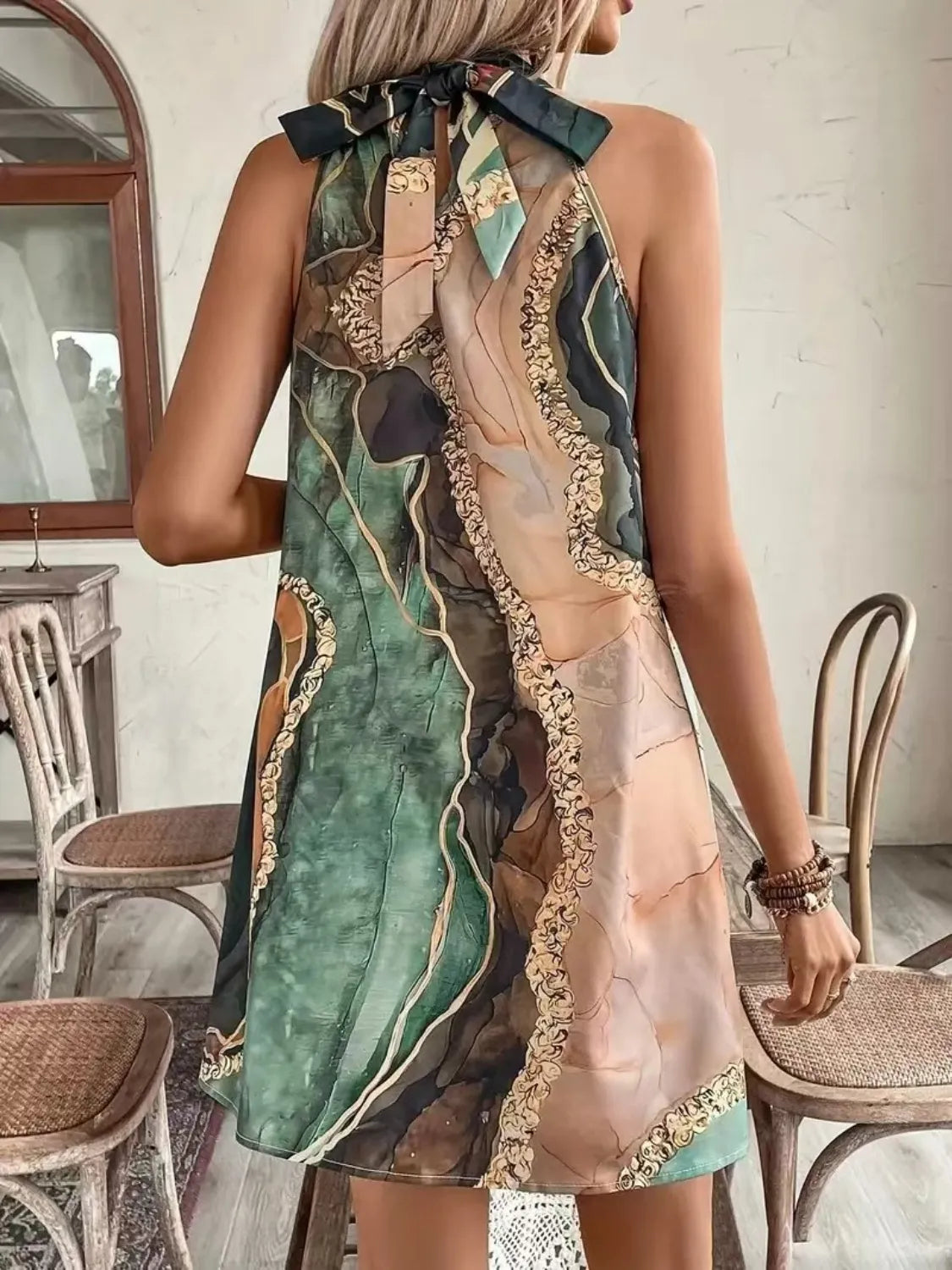 Tied Back Printed Sleeveless Dress