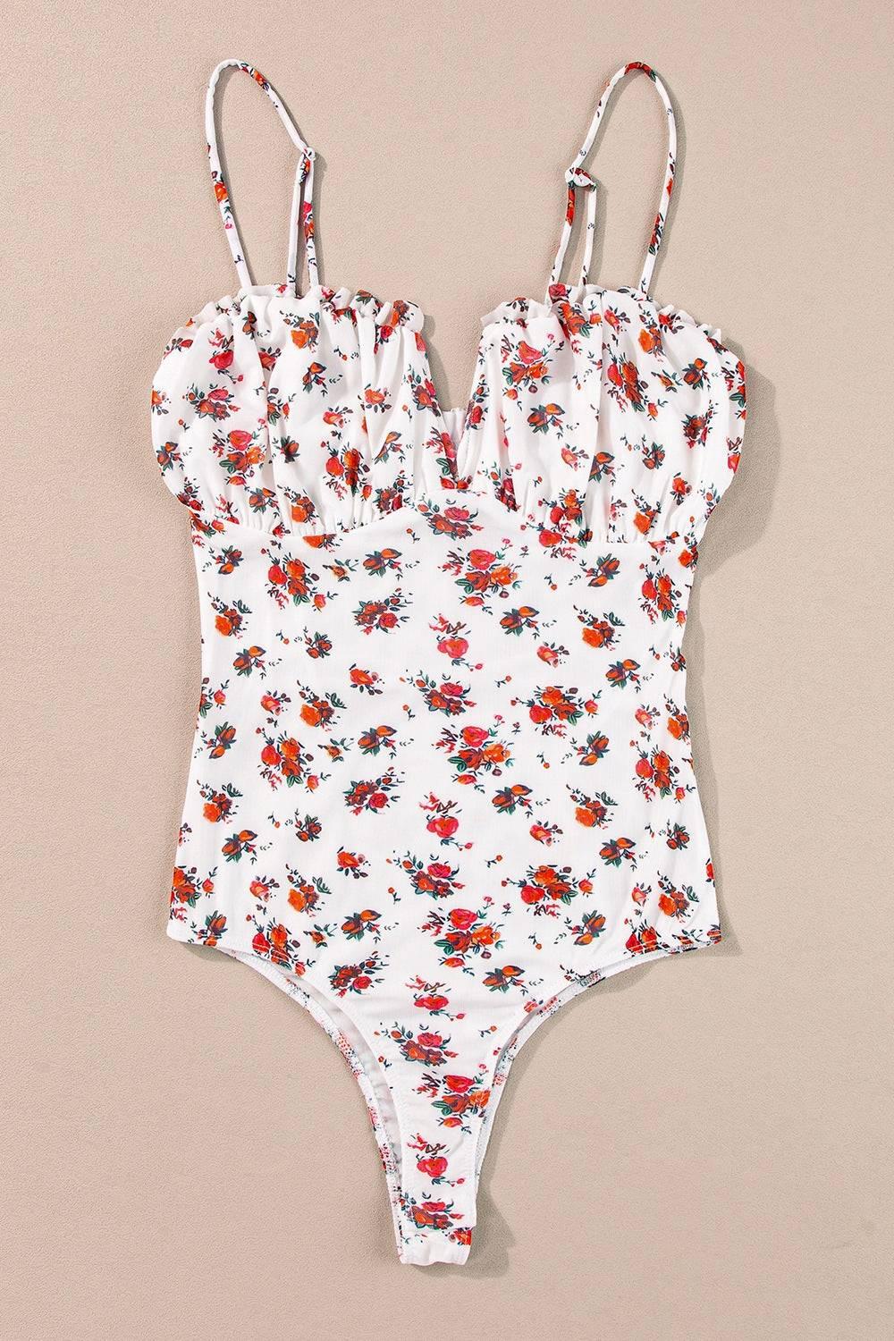 Floral Frilled Trim Spaghetti Straps Bodysuit - Clothes For Her Online Store
