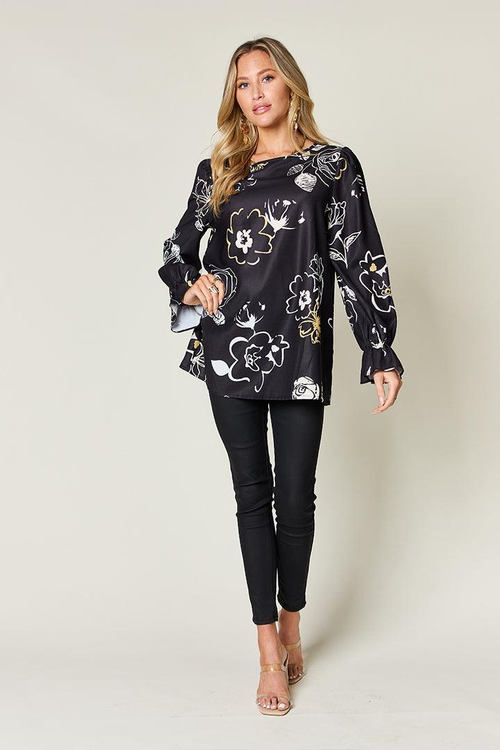 Double Take Full Size Printed Flounce Sleeve Blouse - Clothes For Her Online Store