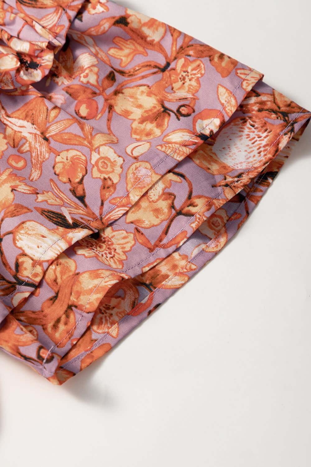 Floral Ruffled Layered Short Sleeve Tie Neck Blouse - Clothes For Her Online Store