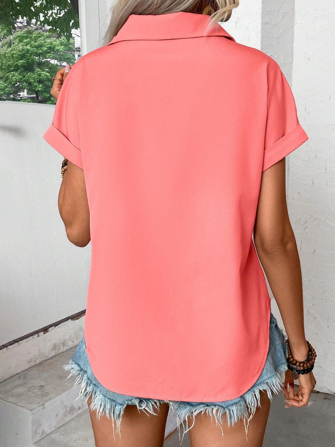 Pleated Detail Collared Neck Short Sleeve Shirt - Clothes For Her Online Store