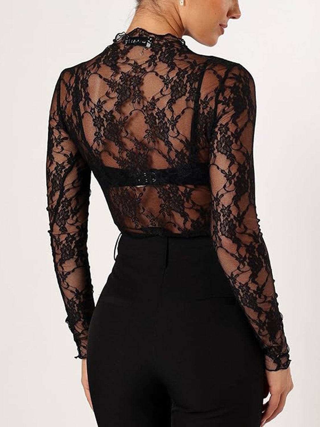 Floral Mock Neck Long Sleeve Mesh Top - Clothes For Her Online Store