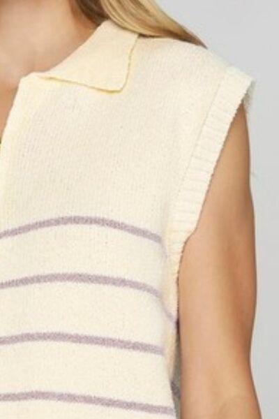 She + Sky Ribbed Hem Striped Half Zip Sweater Vest - Clothes For Her Online Store