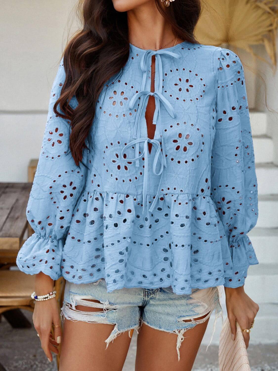 Devine Tie Front Flounce Sleeve Peplum Blouse - Clothes For Her Online Store