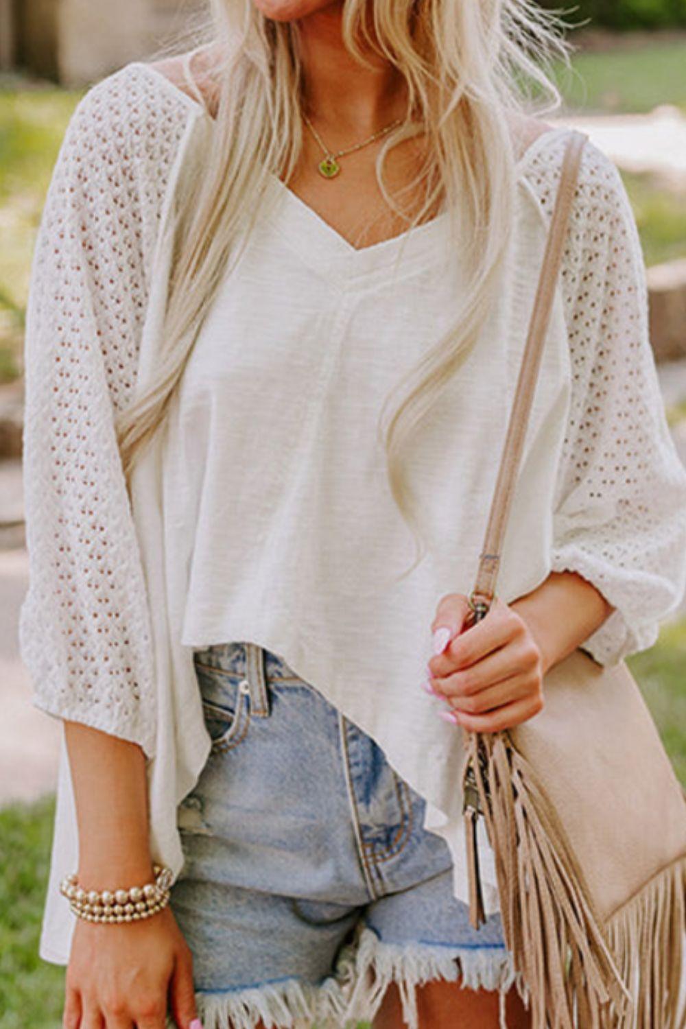 Openwork High Low Hem V Neck Oversized Top - Clothes For Her Online Store