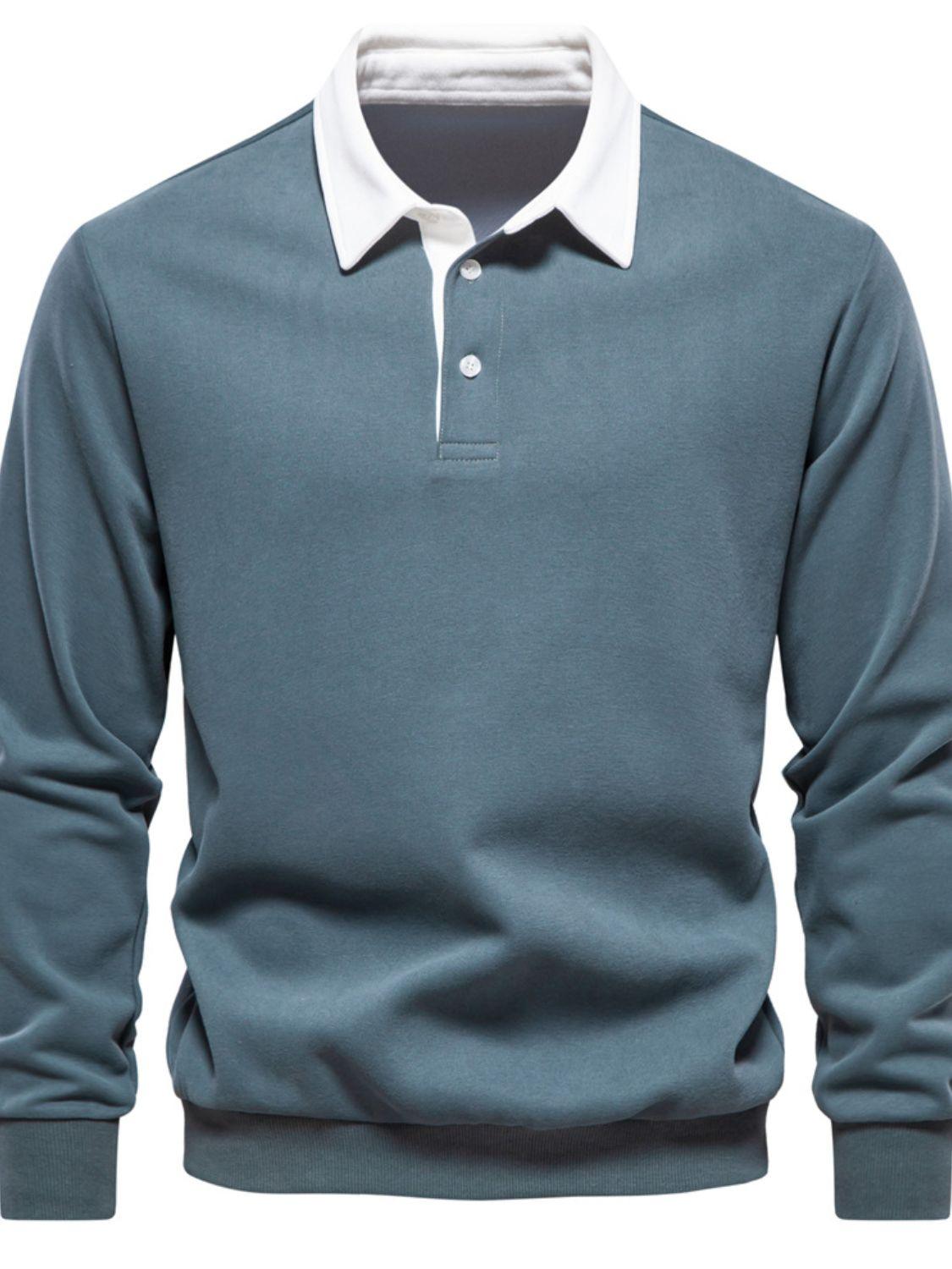 Men's Quarter Button Collared Neck Long Sleeve Polo - Clothes For Her Online Store