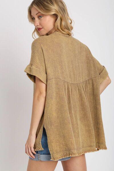 Umgee Full Size Side Slit Notched Mineral Wash Gauze Fabric Top Plus Size - Clothes For Her Online Store
