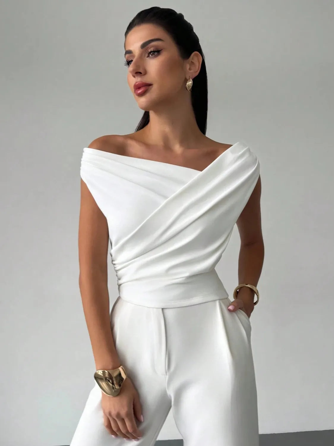 Asymmetrical Ruched Short Sleeve Top