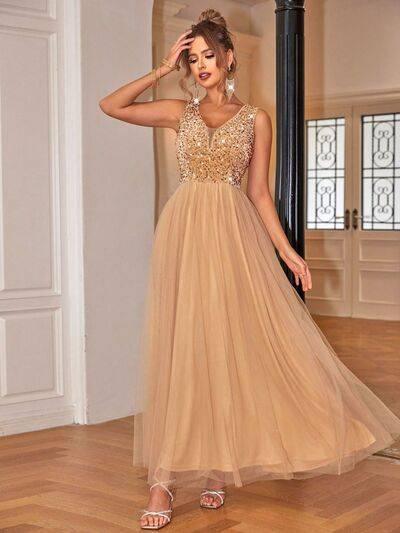 Sequin V-Neck Sleeveless Dress - Clothes For Her Online Store