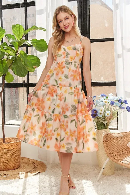ADORA Smocked Back Floral Adjustable Strap Midi Dress